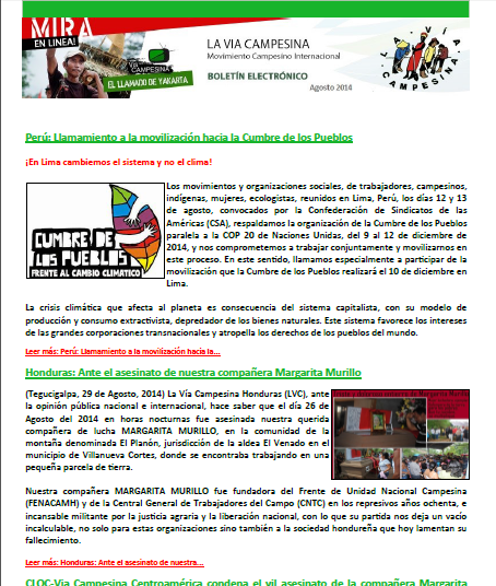 La Via Campesina- Boletín Electrónico Agosto de 2014